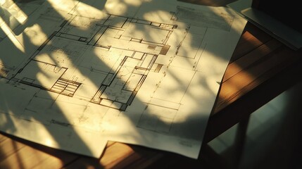 Poster - Architectural blueprints and paint swatches on designer table, concept for modern home interior in progress