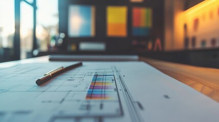 Aufkleber - Architectural plans and color palette selection, design table view with ruler, blueprint details clear