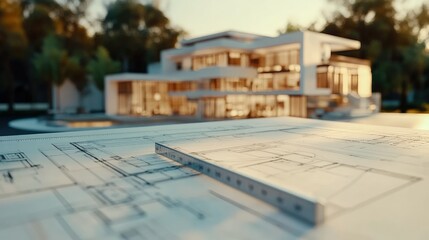 Aufkleber - Architectural plans and color palette selection, design table view with ruler, blueprint details clear