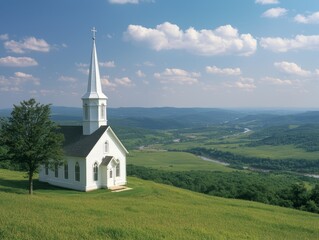 Tranquil Valley View Serene White Church on Grassy Hill, Scenic Landscape with River and Wooded Hills Under Blue Sky - Peaceful Spiritual Scene