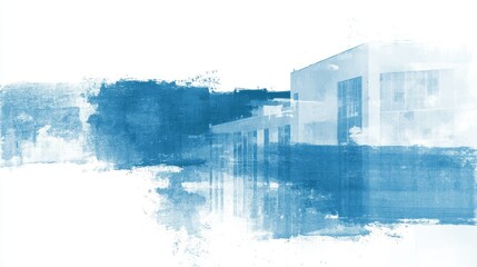 Poster - Blueprint of healthcare building, blue vertical paint stroke, minimalistic white background, textured design