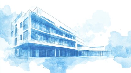 Poster - Blueprint of healthcare building, blue vertical paint stroke, minimalistic white background, textured design