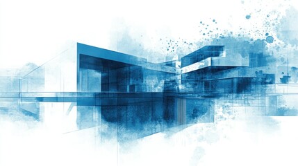 Poster - Blueprint of modern healthcare facility, blue paint stroke on white background, textured futuristic design