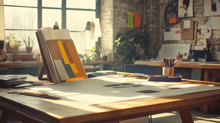 Aufkleber - Blueprints and paint samples arranged on design table, sunlit workspace, designer reviewing options
