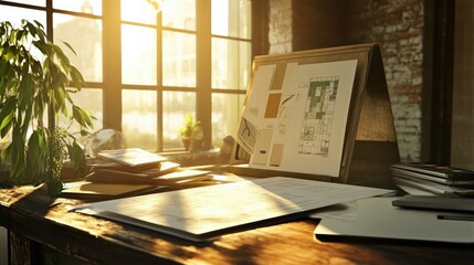 Aufkleber - Blueprints and paint samples arranged on design table, sunlit workspace, designer reviewing options