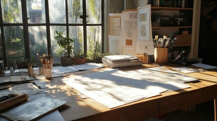 Aufkleber - Blueprints and paint samples arranged on design table, sunlit workspace, designer reviewing options