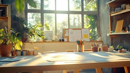 Aufkleber - Blueprints and paint samples arranged on design table, sunlit workspace, designer reviewing options