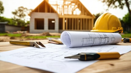 Poster - Builder laying out blueprints on table at construction site, tools nearby, house frame in background