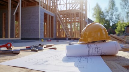 Poster - Builder laying out blueprints on table at construction site, tools nearby, house frame in background