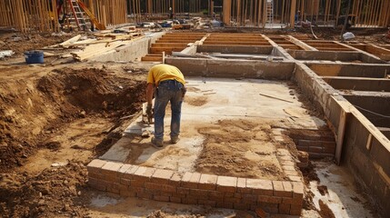 Poster - Close-up of construction worker laying bricks on high-end home site, partially built walls and blueprints on ground
