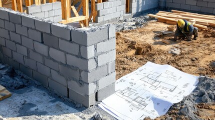 Poster - Close-up of construction worker laying bricks on high-end home site, partially built walls and blueprints on ground