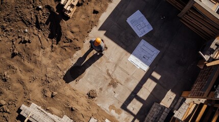 Poster - Close-up of construction worker laying bricks on high-end home site, partially built walls and blueprints on ground