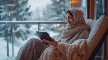 Aufkleber - A young woman wrapped in a soft blanket sits in a comfortable chair, engrossed in her e-reader. Outside, a serene winter scene unfolds, featuring snow-covered trees and a peaceful ambiance.