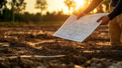 Poster - Construction worker reading blueprints, foundation of home laid, focus on hands holding plans, sunny background