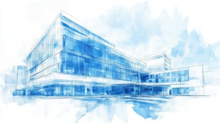 Poster - Healthcare facility blueprint on white with blue paint stroke, modern architectural concept, clean and textured