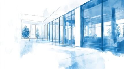 Poster - Healthcare facility blueprint on white with blue paint stroke, modern architectural concept, clean and textured