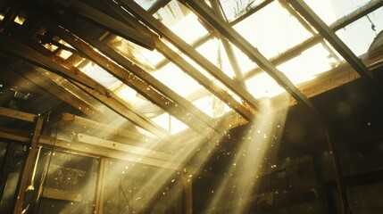Poster - Inside view of architectural home construction site, beams being set, sunlight streaming through, structural details visible