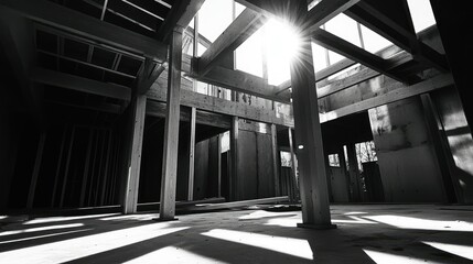 Poster - Inside view of architectural home construction site, beams being set, sunlight streaming through, structural details visible