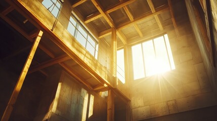 Poster - Inside view of architectural home construction site, beams being set, sunlight streaming through, structural details visible