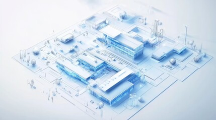 Poster - Minimal blueprint with blue stroke, healthcare facility plan on white, futuristic and textured