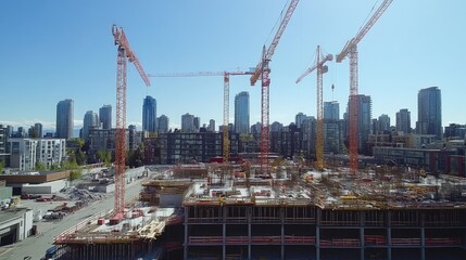 Aufkleber - Multiple tower cranes working on a construction site, city skyscrapers visible in the distance, sunny weather