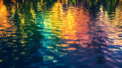 Wall Mural - Colorful reflections on serene water surface at twilight