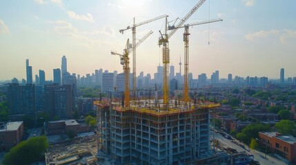 Tower cranes on a construction site with the city skyline in the background, showcasing progress in urban expansion