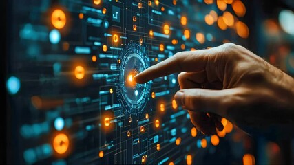 Poster - Hand pointing at a digital interface with glowing nodes, signifying interactive technology and data visualization