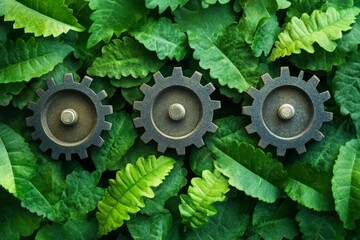 The concept of Nature Meets Industry beautifully illustrates a green tree intermingling with gears and machinery