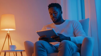 Aufkleber - A man sits comfortably in a chair, absorbed in his tablet. The warm glow of a lamp and soft lighting enhance the cozy atmosphere, perfect for evening relaxation and digital engagement.