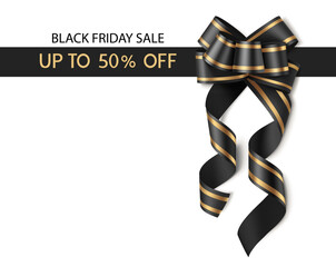 Wall Mural - Black Friday sale design template. Decorative black bow with horizontal black ribbon and Black Friday sale up to 50 % off text. Vector illustration.	