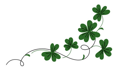 Aufkleber - Beautiful ornament with green shamrock leaf. Outline stem with leaf. Abstract decorative angular border element with stem and leaves. Frame design corner. Vector illustration.