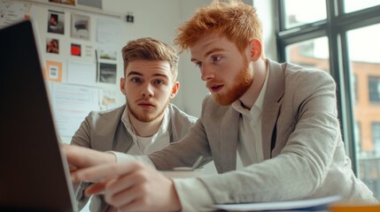 Poster - Two men are looking at a laptop screen