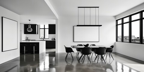 Minimalist modern interior, black and white color scheme, open plan living space, large windows, pendant lighting, round dining table, sleek chairs, abstract wall art, reflective floor, clean lines, h