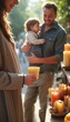 © kotlyarn - A man holds his young daughter while purchasing candles at a festive outdoor market.