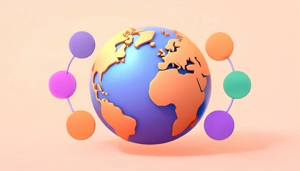 3D globe with colorful icons, representing global connectivity and communication, on a soft pastel background.