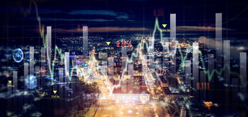 big data chart on city backdrop.trade technology, and investment analysis.business development, fina