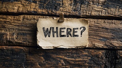 A thought-provoking image of a 'Where?' card clipped onto a coarse wooden surface, evoking a sense of wonder and exploration about places and possibilities.