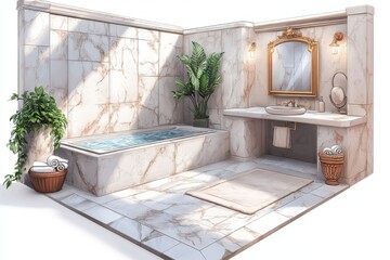 Luxury Bathroom Interior Design with Marble Tiles  Bathtub  and Ornate Mirror