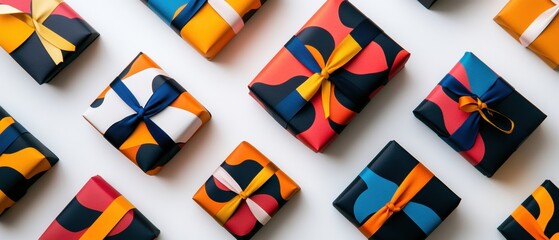 A row of colorful presents with bows on them