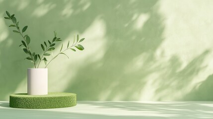 Poster - a minimalist indoor arrangement featuring greenery on a soft green pedestal against a light green wa