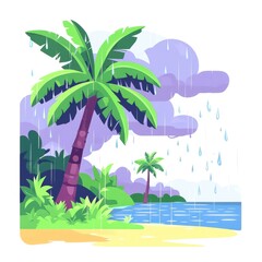 Wall Mural - Tropical landscape with palm trees and rain on a beach scene.