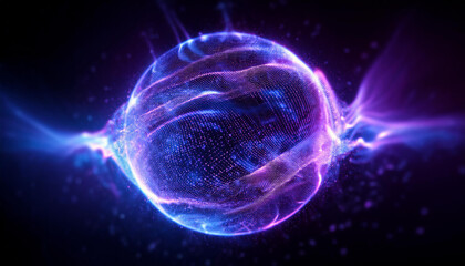 Wall Mural - neon energy sphere of particles and waves of magical glowing. abstract round shape.