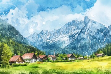 Wall Mural - Watercolor Alpine Landscape: Scenic Mountain Village with Traditional Church and Bell Tower