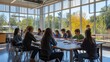© acnaleksy - diverse students gathered around a large table in a modern classroom