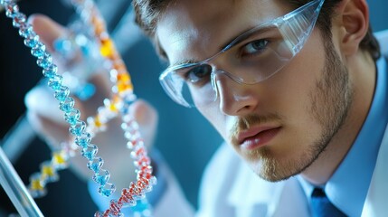 Poster - Scientist Examining a DNA Double Helix Model in a Lab Setting