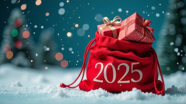 Santa Claus's New Year's bag with the signature 2025 filled with gifts