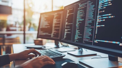 programmer coding at a minimalist desk with multiple screens