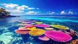 Vibrant coral reef and clear waters surrounding the Great Barrier Reef, Australia, with colorful marine life visible