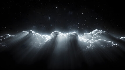 Wall Mural - dramatic monochrome scene of light beams piercing through dark clouds against starry night sky, crea